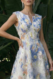 Vestido de Cerimónia Azul Claro Floral Longo Linha A