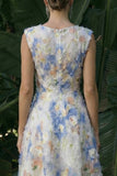 Vestido de Cerimónia Azul Claro Floral Longo Linha A