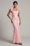 Blush Sereia Mangas Folhadas Vestido Longo de Mãe da Noiva com Flores 3D