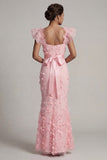 Blush Sereia Mangas Folhadas Vestido Longo de Mãe da Noiva com Flores 3D