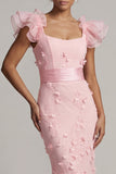 Blush Sereia Mangas Folhadas Vestido Longo de Mãe da Noiva com Flores 3D