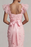 Blush Sereia Mangas Folhadas Vestido Longo de Mãe da Noiva com Flores 3D