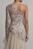 Vestido de Mãe da Noiva com Um Ombro Damasco com Folhos de Lantejoulas