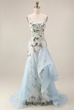 Vestido da Mãe da Noiva com Lantejoulas Azul Claro e Babados