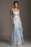 Vestido da Mãe da Noiva com Lantejoulas Azul Claro e Babados