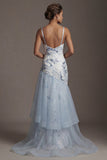 Vestido da Mãe da Noiva com Lantejoulas Azul Claro e Babados