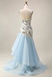 Vestido da Mãe da Noiva com Lantejoulas Azul Claro e Babados