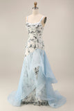 Vestido da Mãe da Noiva com Lantejoulas Azul Claro e Babados
