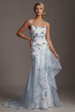 Vestido da Mãe da Noiva com Lantejoulas Azul Claro e Babados
