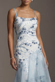 Vestido da Mãe da Noiva com Lantejoulas Azul Claro e Babados