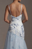 Vestido da Mãe da Noiva com Lantejoulas Azul Claro e Babados