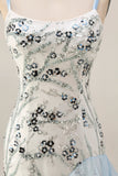 Vestido da Mãe da Noiva com Lantejoulas Azul Claro e Babados