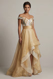 Vestido de Mãe da Noiva com Lantejoulas de Champanhe Ombro a Ombro