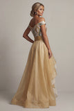Vestido de Mãe da Noiva com Lantejoulas de Champanhe Ombro a Ombro