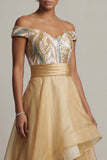 Vestido de Mãe da Noiva com Lantejoulas de Champanhe Ombro a Ombro