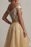 Vestido de Mãe da Noiva com Lantejoulas de Champanhe Ombro a Ombro