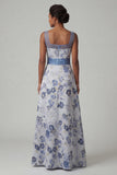 Vestido de Mãe da Noiva de Decote Quadrado Linha Azul Escuro Floral