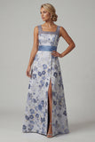 Vestido de Mãe da Noiva de Decote Quadrado Linha Azul Escuro Floral