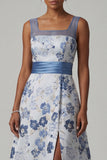 Vestido de Mãe da Noiva de Decote Quadrado Linha Azul Escuro Floral