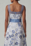 Vestido de Mãe da Noiva de Decote Quadrado Linha Azul Escuro Floral