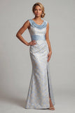Vestido Azul Claro Gola Alta Floral para a Mãe da Noiva