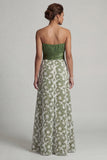 Vestido de Mãe da Noiva Floral Verde Sem Alças Linha-A