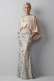 Vestido Longo Sereia Decote Barco Brilhante Champanhe para a Mãe da Noiva
