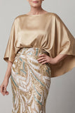Vestido de Sereia Champanhe de Lantejoulas com Mangas Altas