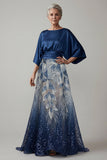 Mangas 3/4 de lantejoulas azul-marinho A Line Mother of the Bride Dress