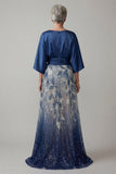 Mangas 3/4 de lantejoulas azul-marinho A Line Mother of the Bride Dress