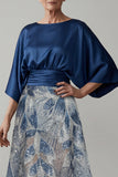 Mangas 3/4 de lantejoulas azul-marinho A Line Mother of the Bride Dress