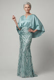 Vestido longo de mãe da noiva azul sereia brilhante com lantejoulas
