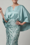 Vestido longo de mãe da noiva azul sereia brilhante com lantejoulas