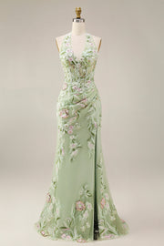 Vestido de baile de finalistas Dusty Sage Halter transparente com bainha e bordado longo, vestido de baile