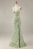 Vestido de baile de finalistas Dusty Sage Halter transparente com bainha e bordado longo, vestido de baile