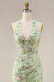 Vestido de baile de finalistas Dusty Sage Halter transparente com bainha e bordado longo, vestido de baile