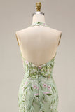 Vestido de baile de finalistas Dusty Sage Halter transparente com bainha e bordado longo, vestido de baile