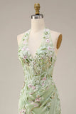 Vestido de baile de finalistas Dusty Sage Halter transparente com bainha e bordado longo, vestido de baile