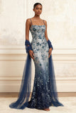 Vestido longo de finalista com bordado floral ombré e lantejoulas