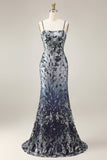 Vestido longo de finalista com bordado floral ombré e lantejoulas
