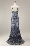 Vestido longo de finalista com bordado floral ombré e lantejoulas