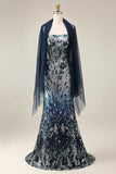 Vestido longo de finalista com bordado floral ombré e lantejoulas
