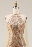 Vestido de noite comprido com lantejoulas de champanhe com lantejoulas