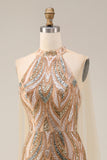 Vestido de noite comprido com lantejoulas de champanhe com lantejoulas
