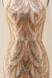 Vestido de noite comprido com lantejoulas de champanhe com lantejoulas