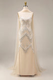 Vestido comprido de baile de baile com misangas e damasco brilhante com capa