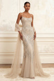 Vestido comprido de baile de baile com misangas e damasco brilhante com capa