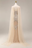 Vestido comprido de baile de baile com misangas e damasco brilhante com capa