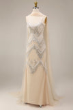 Vestido comprido de baile de baile com misangas e damasco brilhante com capa
