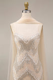 Vestido comprido de baile de baile com misangas e damasco brilhante com capa